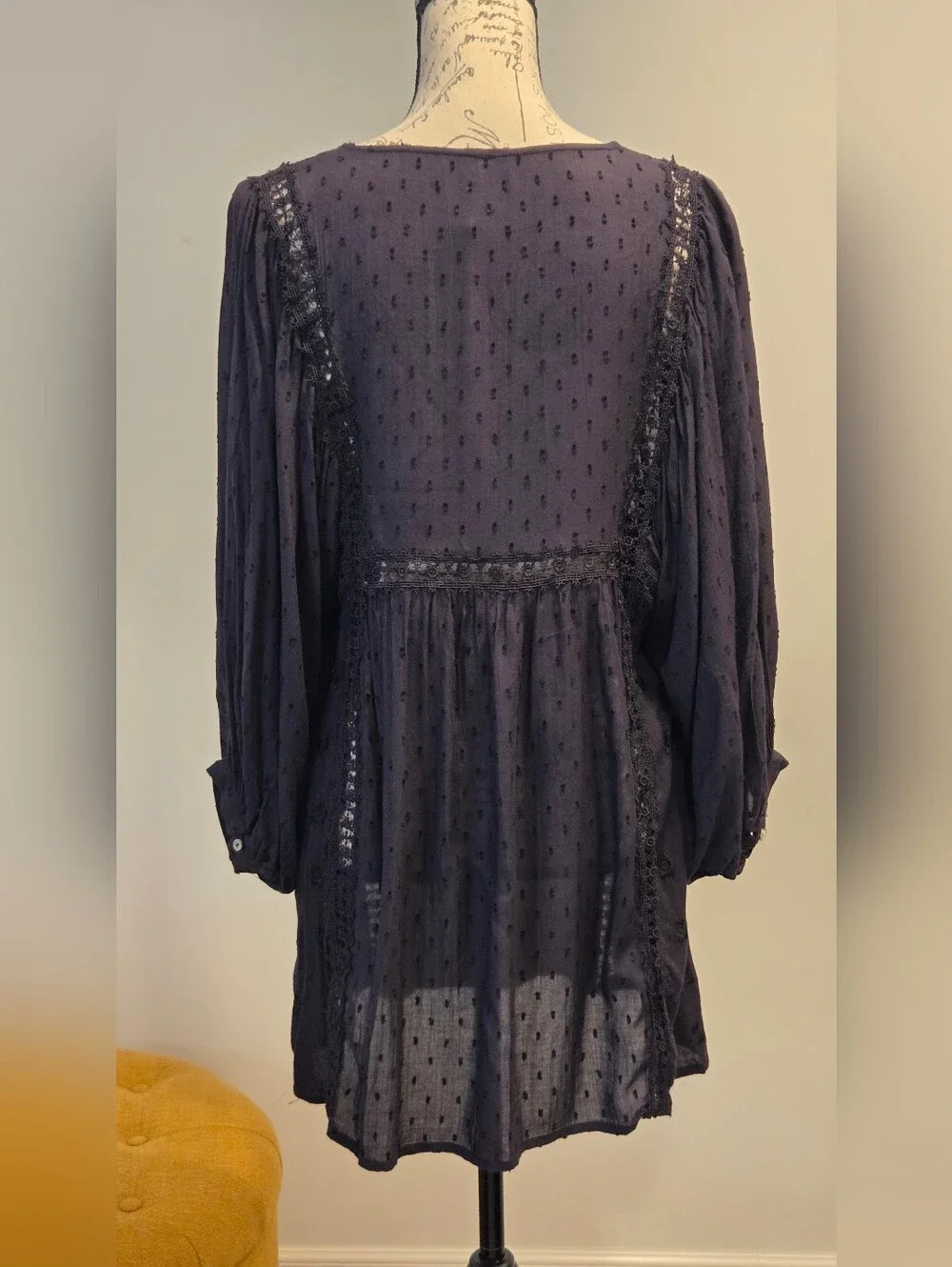 Free People Embroidered Deep Plum Swiss Dot Mini Dress,Size M.